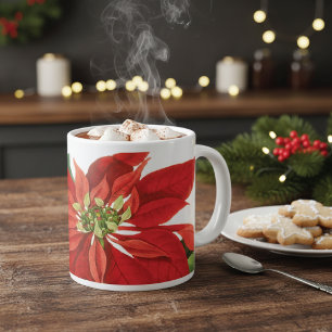 Taza De Café Grande Floral de Poinsettia Roja