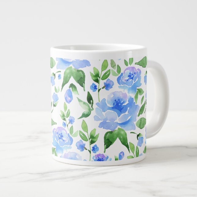 Taza De Café Grande Flores azul acuáticas (Derecha)