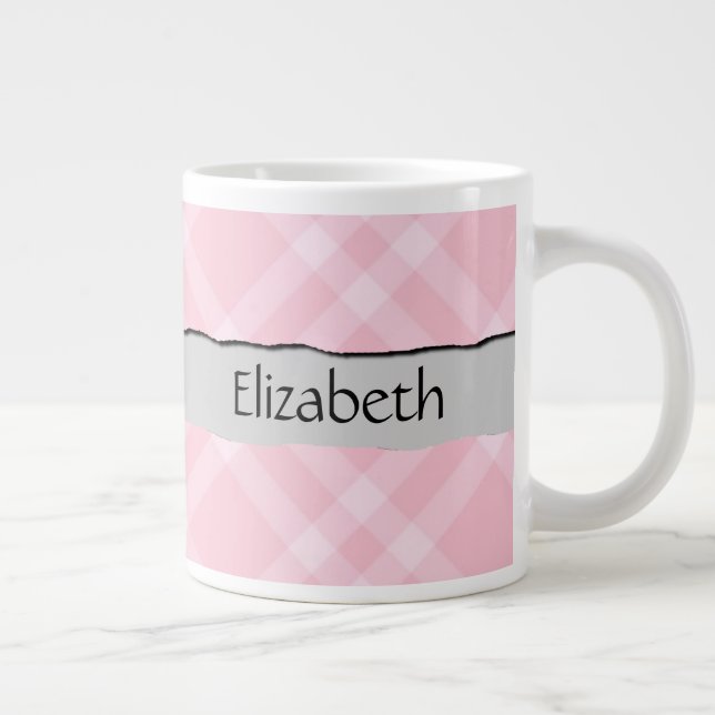 Taza De Café Grande Gingham Rosa, Patrón Gingham, Tu Nombre (Derecha)