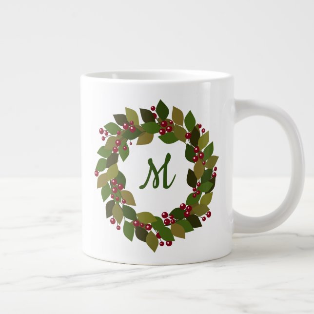 Taza De Café Grande Guirnalda feriada monográfica | Berries y hojas (Derecha)