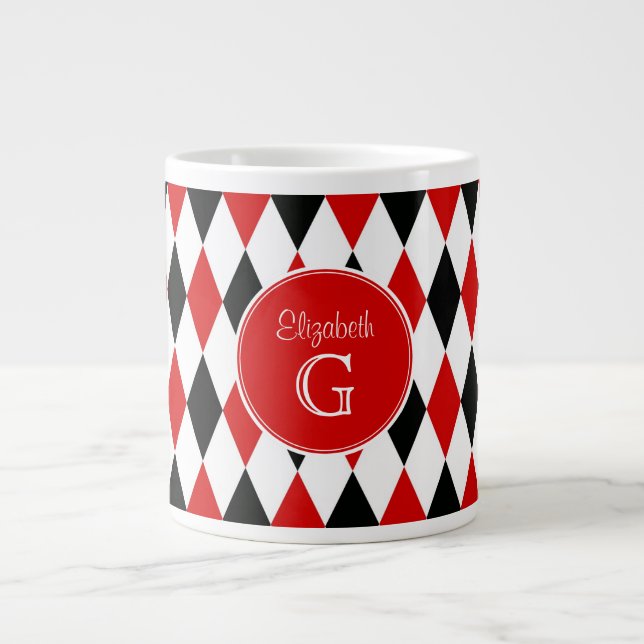 Taza De Café Grande Harlequin Rojo Blanco Rojo Monograma Rojo #2 (Frente)