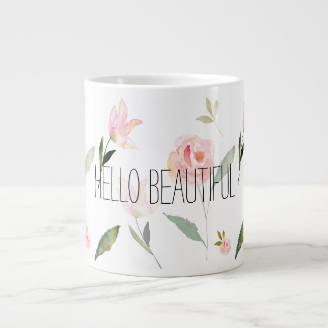 Taza De Café Grande Hola acuarela hermosa floral (Frente)