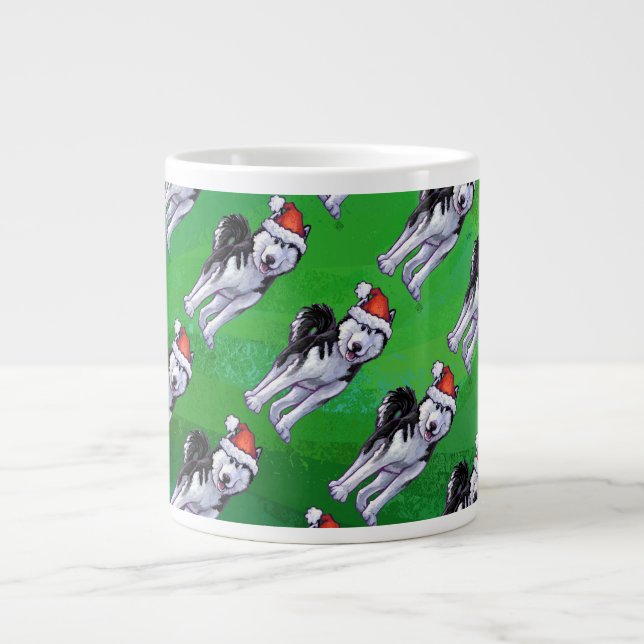 Taza De Café Grande Husky festivo en Santa Hat en Green (Frente)