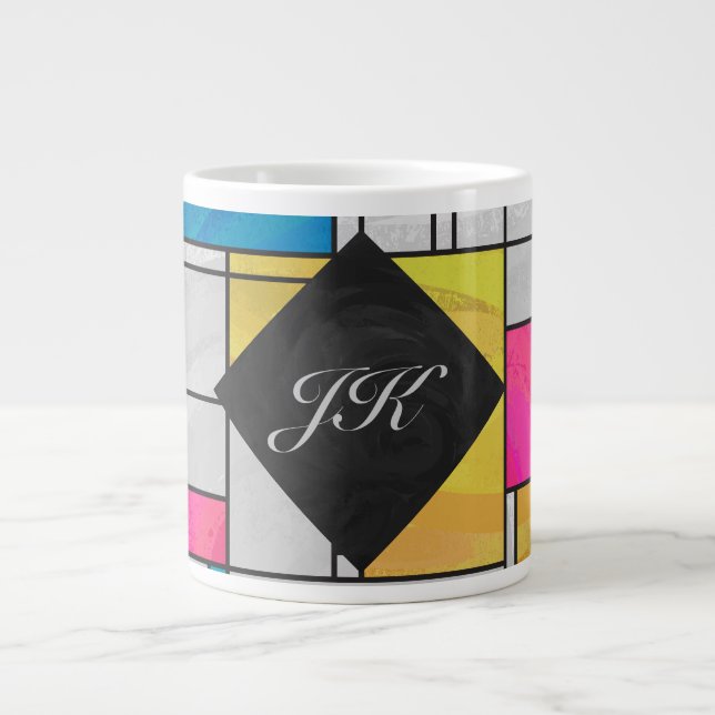 Taza De Café Grande Impresión azul rosa amarillo mondriano (Frente)