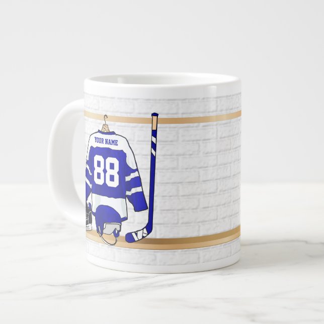 Taza De Café Grande Jersey azul y blanco personalizado del hockey (Izquierda)