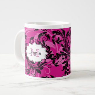 Taza De Café Grande Jumbo enrollado rosado y negro del monograma 20