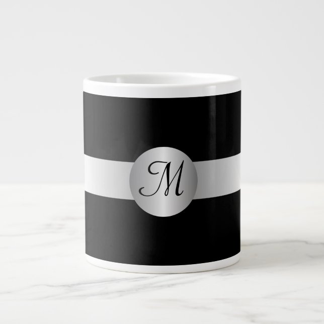 Taza De Café Grande Jumbo Mug Monogramado Negro Y Plateado (Frente)