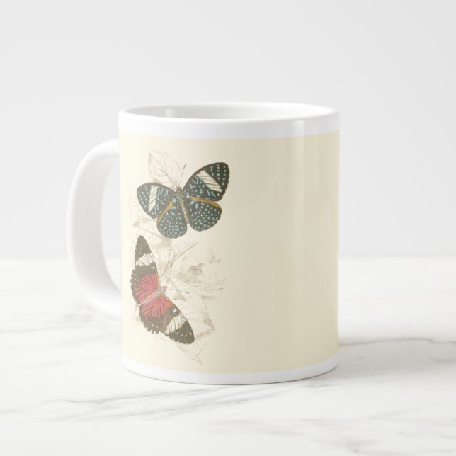 Taza De Café Grande Las hojas de Sepia con mariposas coloridas (Izquierda)