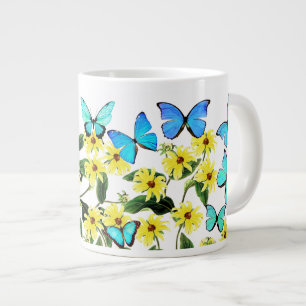 Taza De Café Grande Las mariposas azules Coneflower de Morpho florecen