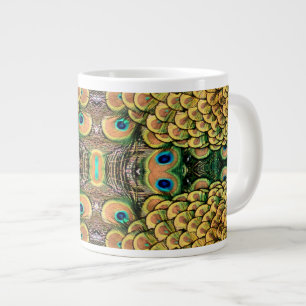 Taza De Café Grande Las plumas de pavo real verde esmeralda y oro
