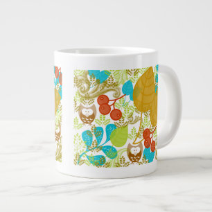 Taza De Café Grande Lechuzas retro deja fruta en verde marrón turquesa