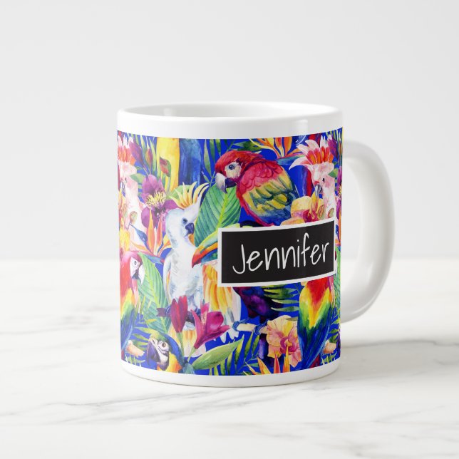 Taza De Café Grande Los loros de la acuarela el | añaden su nombre (Derecha)