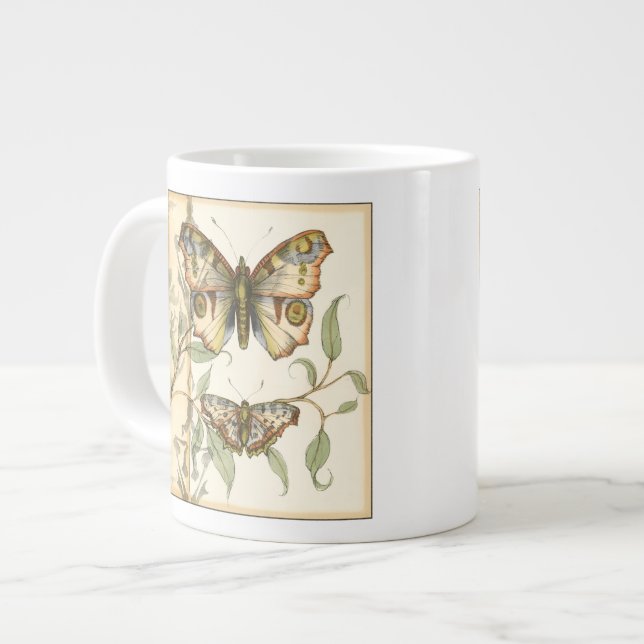 Taza De Café Grande Mariposas tándem sobre hojas verdes (Izquierda)
