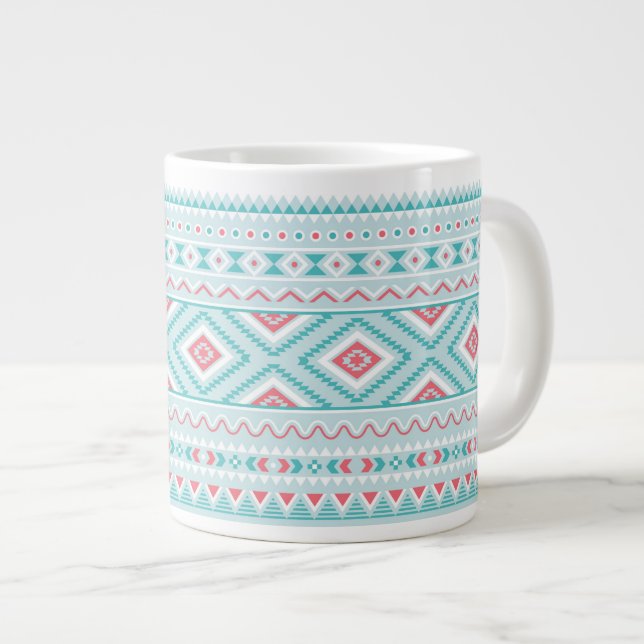 Taza De Café Grande Modelo tribal azteca verde azulado y rosado (Derecha)