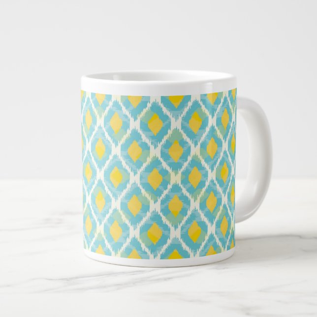 Taza De Café Grande Moderna moda tribal ikat azul amarillo (Derecha)