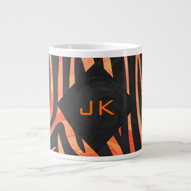 Taza De Café Grande Monograma de cebra negra y naranja (Frente)