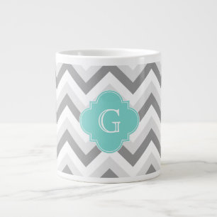 Taza De Café Grande Monograma De Dos Chevron Blanco Gris Aqua