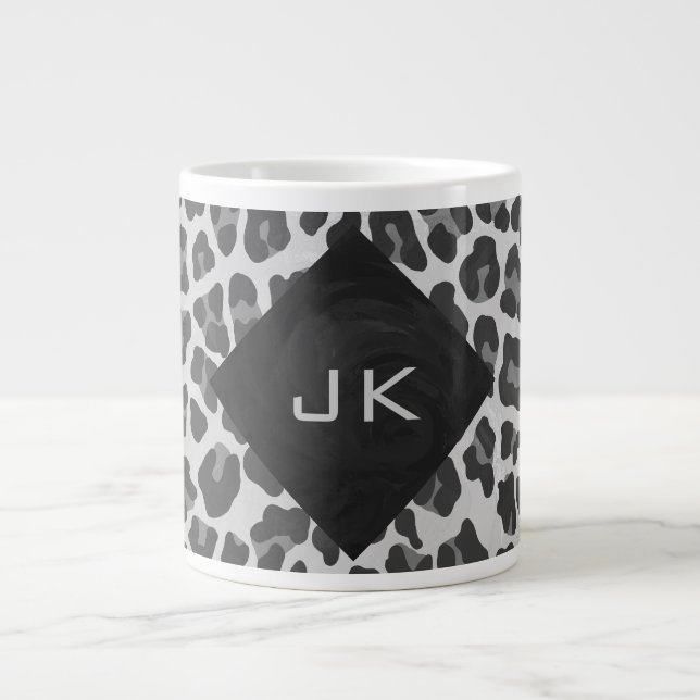 Taza De Café Grande Monograma Impresión de leopardo blanco y negro (Frente)