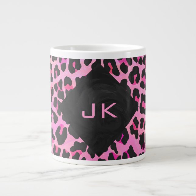 Taza De Café Grande Monograma Leopardo Negro y Estampado Rosa Fuerte (Frente)