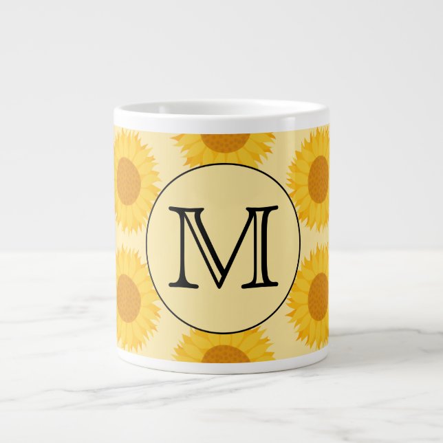 Taza De Café Grande Monograma Personalizado, con girasoles amarillos. (Frente)