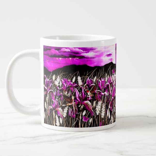 Taza De Café Grande Mug. de campos de tormenta de iris rosa (Izquierda)