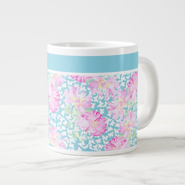 Taza De Café Grande Mugre Jumbo, rosas rosadas, mariposas blancas (Derecha)