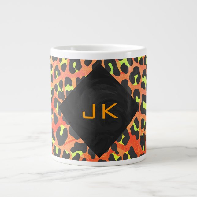 Taza De Café Grande Naranja leopardo y monograma amarillo (Frente)