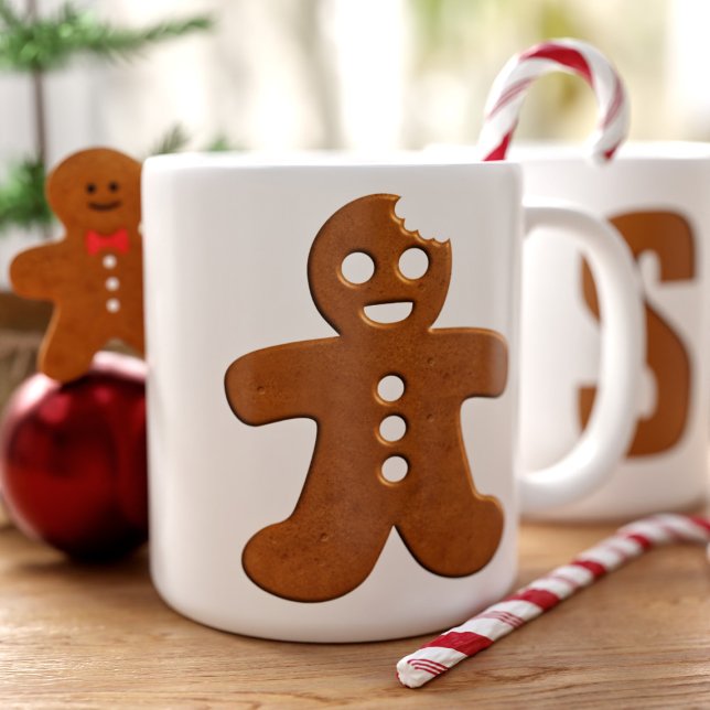 Taza De Café Grande Navidades Monogramas de Cute Gingerbread Man Cooki (A fun and festive large coffee mug featuring a Christmas Cookie  Gingerbread Man and your initial)