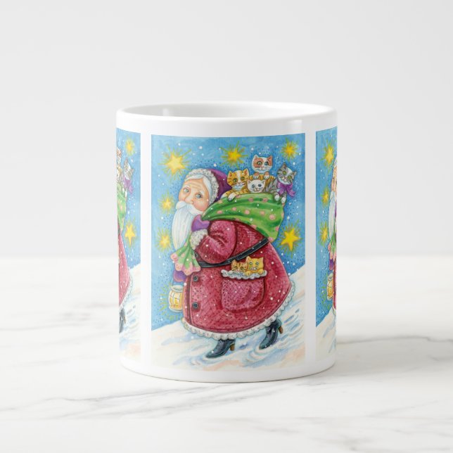 Taza De Café Grande ¡Navidades, Santa Claus con gatitos y gatos! (Frente)