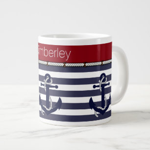 Taza De Café Grande Nombre personalizado Patrón de rayas Anclas Náutic