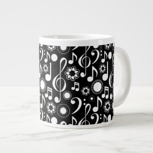 Taza De Café Grande Notas de música y Clefs - Blanco sobre negro