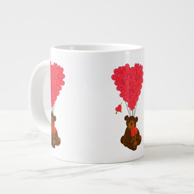 Taza De Café Grande Oso de peluche y globos cardíacos (Izquierda)