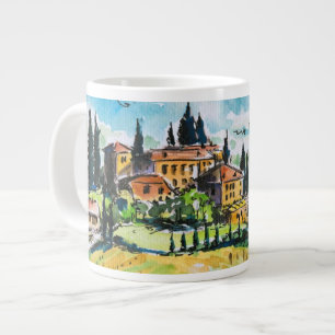 Taza De Café Grande Paisaje con los árboles de la ciudad y de ciprés