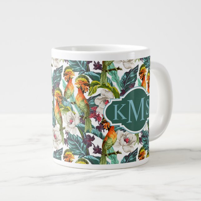 Taza De Café Grande Pájaro y monograma exótico del estampado de plores (Derecha)