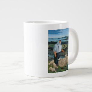 Taza De Café Grande Pastor con las ovejas en paisaje del río