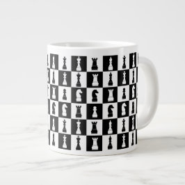Taza De Café Grande Patrón blanco y negro de juegos de ajedrez