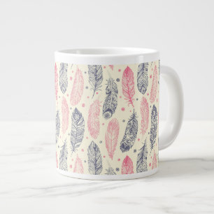 Taza De Café Grande Patrón De Pluma Étnica Rosa Y Púrpura