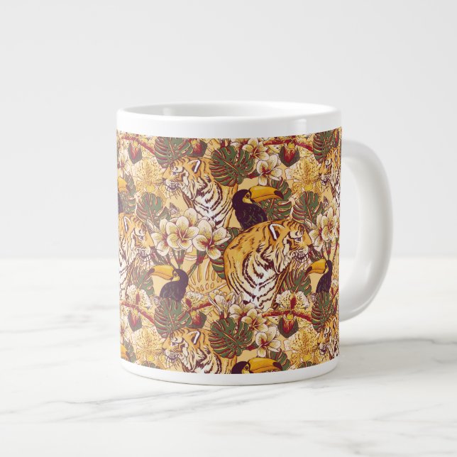 Taza De Café Grande Patrón floral tropical con tigre (Derecha)