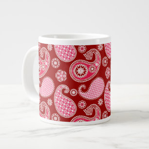 Taza De Café Grande Patrón paisley, rojo oscuro, rosa y blanco