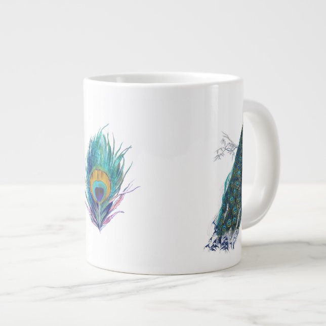 Taza De Café Grande Pavo real azul con las plumas de cola hermosas (Derecha)