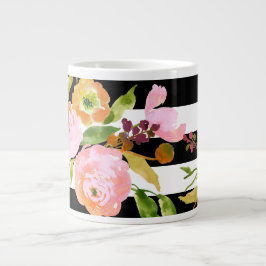 Taza De Café Grande PixDezines floral/acuarela/ranunculus/rayas