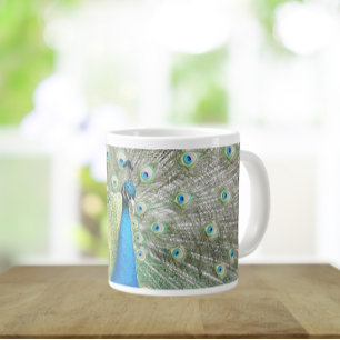 Taza De Café Grande Pluma de plumas de pavo real azul