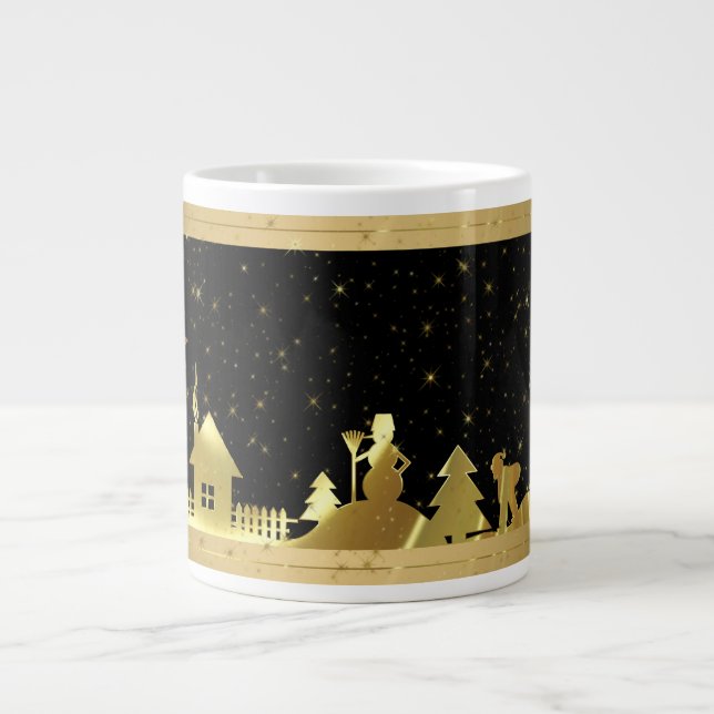 Taza De Café Grande Pueblo de Navidades Negros Y Oro (Frente)