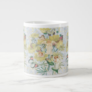 Taza De Café Grande Querubes, mariposas y flores en amarillo