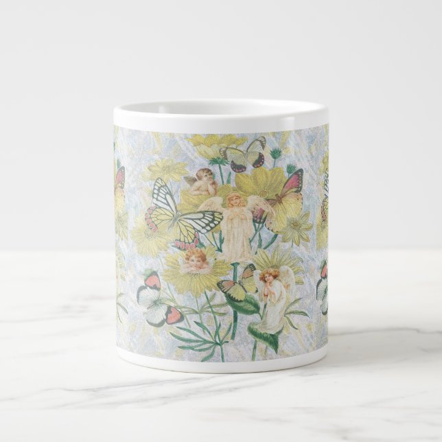 Taza De Café Grande Querubes, mariposas y flores en amarillo (Frente)
