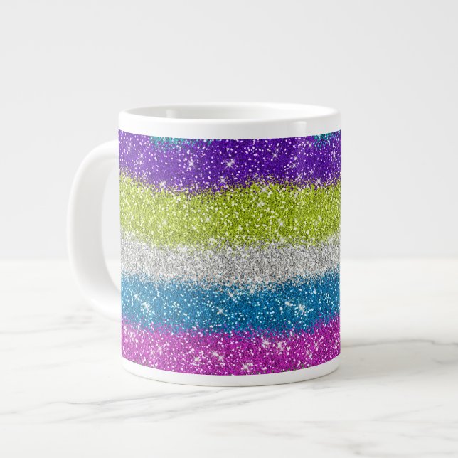 Taza De Café Grande Rayas purpurinas del arco iris (Izquierda)