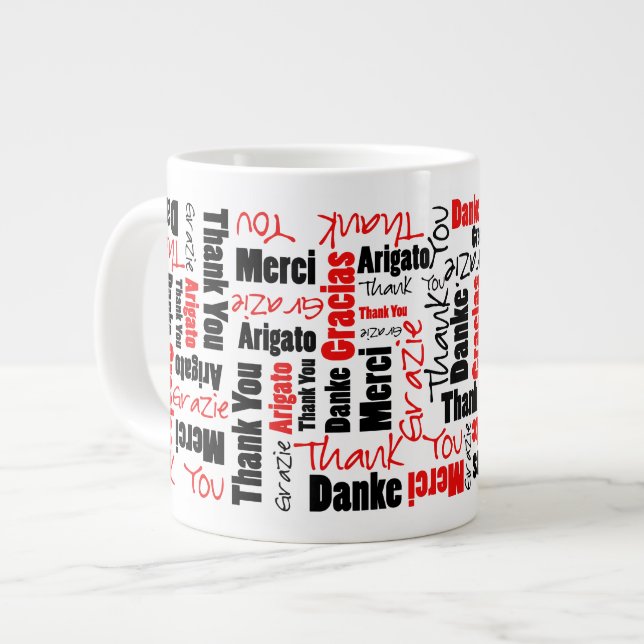 Taza De Café Grande Red Black Multilingual Gracias Word Cloud (Izquierda)