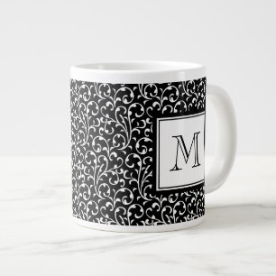 Taza De Café Grande Su letra. Monograma de encargo. Remolinos negros