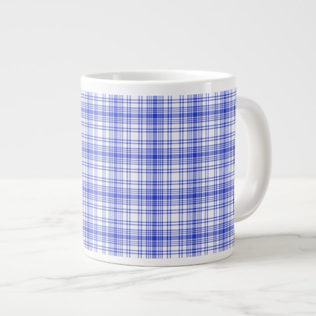Taza De Café Grande Tela escocesa blanca azul 2 (Derecha)