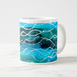 Taza De Café Grande Turquesa, negro, blanco 'Waves' Jumbo Mug
